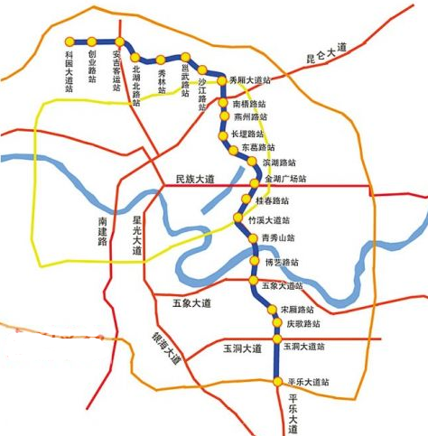 南宁地铁三号线在具体线路设置上,地铁3号线一期自科园大道站为起点
